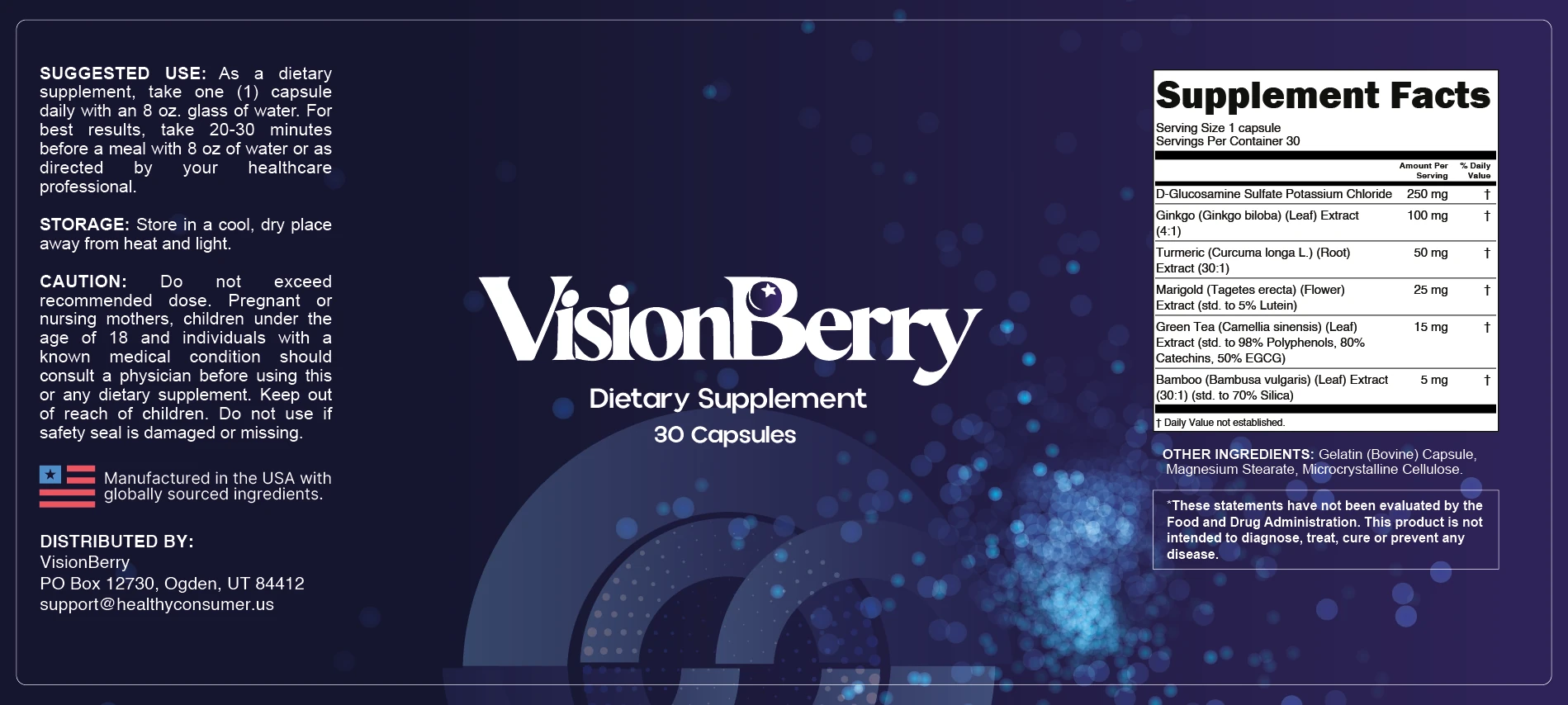 VisionBerry Supplement Facts label — suggested use, storage, caution and ingredients